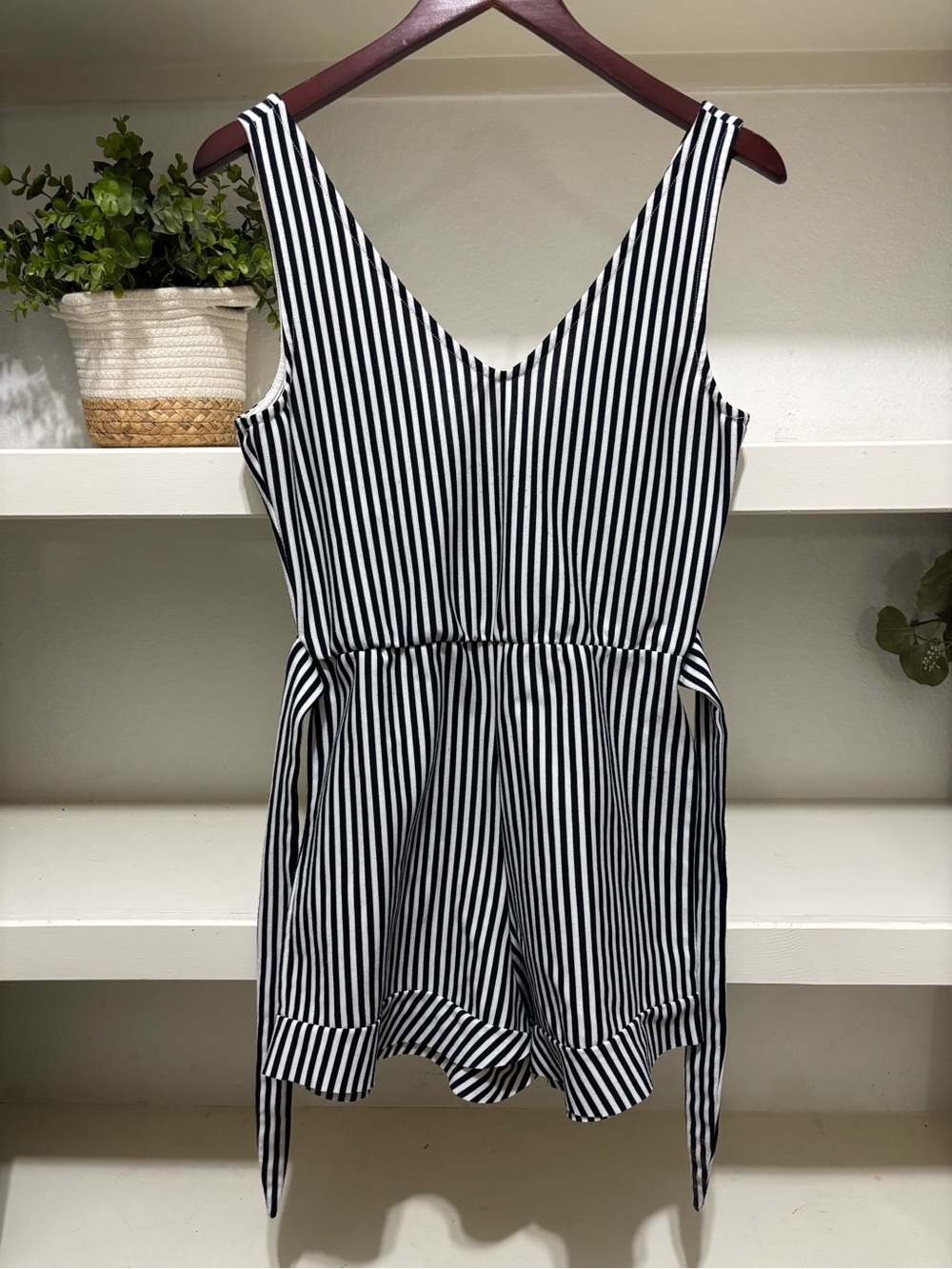 Sleeveless Black & White Striped V‑Neck Romper
